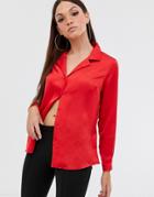 Asos Design Relaxed Satin Long Sleeve Shirt-red