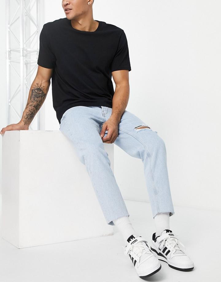 Pull & Bear Straight Leg Jeans With Rips In Light Blue-blues