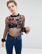 Asos Top In Mesh With Floral Embroidery - Black