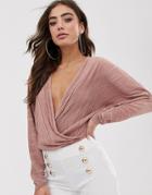 Asos Design Wrap Top In Plisse With Batwing Sleeve - Pink