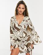 Asos Design Wrap Mini Dress In Marble Print With Flare Sleeve-multi
