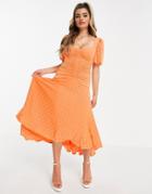 Asos Design Puff Sleeve Ruched Eyelet Midi Skater Dress In Orange