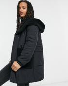 Urbancode Oversized Puffer Jacket With Borg Pockets And Hood In Black