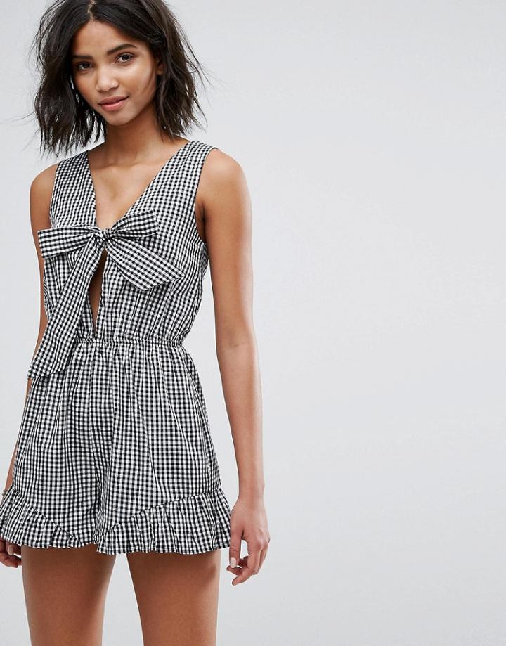 Parisian Gingham Bow Front Romper - Black