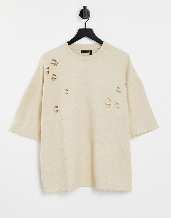 Asos Design Oversized T-shirt In Beige With Distressing-brown