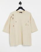 Asos Design Oversized T-shirt In Beige With Distressing-brown