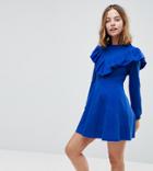 Asos Petite Sweat Skater Dress With Ruffle Front - Blue