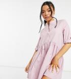 Only Petite Denim Mini Shirt Dress With Grandad Collar In Pink