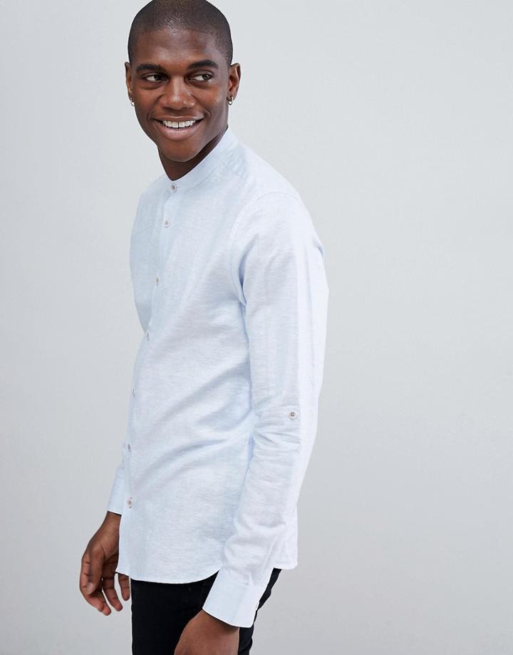 Ted Baker Long Sleeve Grandad Shirt In Blue Linen - Blue