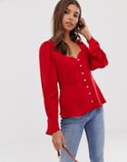 Asos Design Long Sleeve Sweetheart Neck Top With Button Through-red