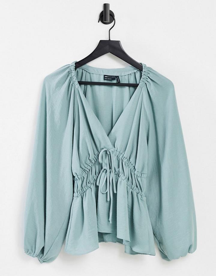 Asos Design Long Sleeve V Neck Top With Kimono Sleeve And Tie Front In Smoky Blue-blues