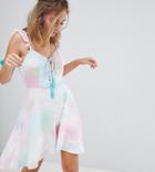 Sisters Of The Tribe Petite Cami Tea Dress With Lace Up & Tassel In Tie Dye - Multi
