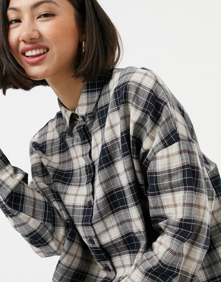 Asos Design Wfh Long Sleeved Cropped Check Shirt In Navy Plaid-multi