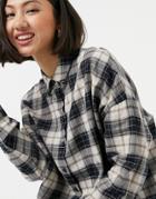 Asos Design Wfh Long Sleeved Cropped Check Shirt In Navy Plaid-multi