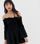 Asos Design Petite Off Shoulder Romper With Shirred Bodice And Flare Sleeve - Black