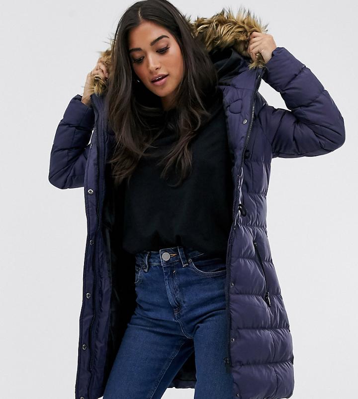 Brave Soul Petite Wizard Long Padded Coat-navy