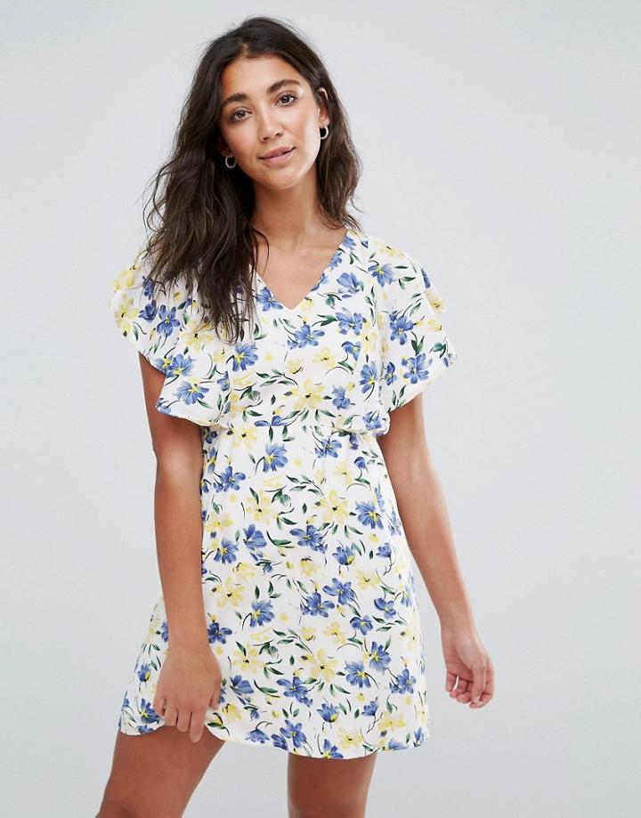 Yumi Cape Dress In Floral Print - White