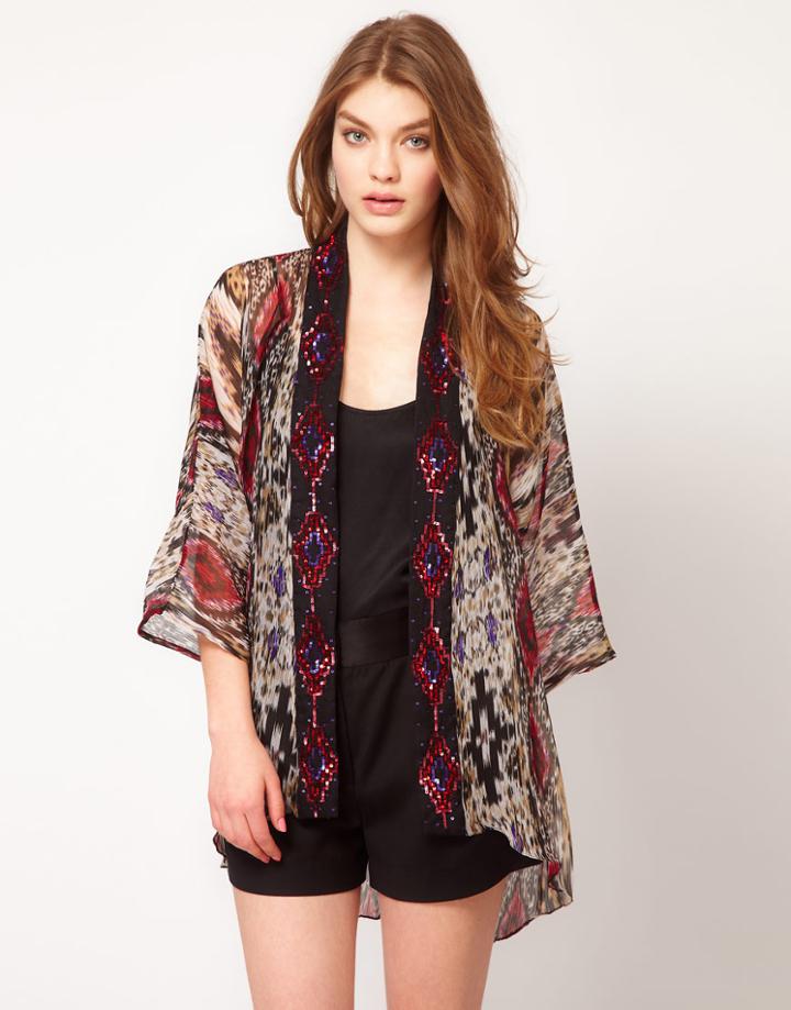 Prophecy Tribal Print Kimono With Sequin Trim