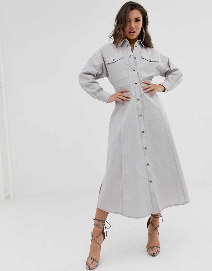 Asos Design Casual Utility Midi Shirt Dress - Gray