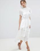 Y.a.s High Neck Lace Midi Dress With Asymetric Hem-white