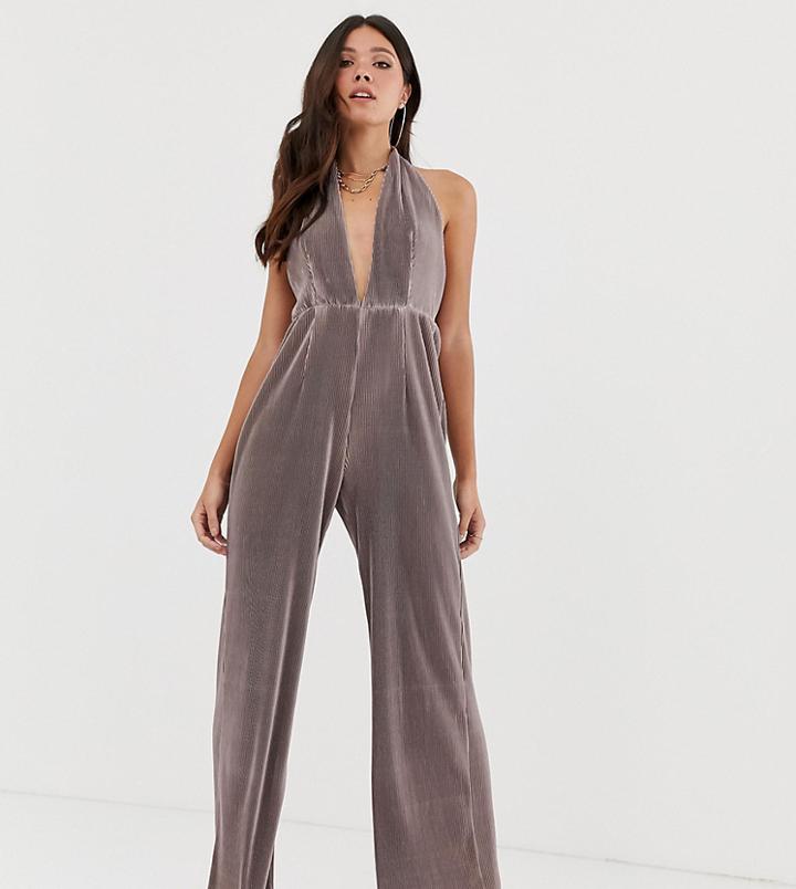 Missguided Plisse Halterneck Jumpsuit In Mauve - Pink
