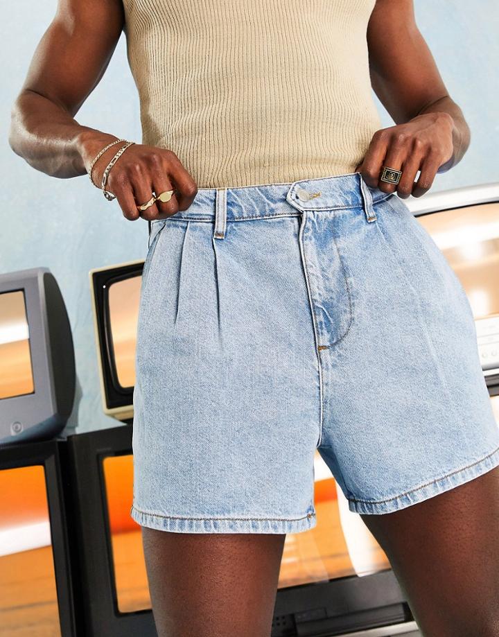 Asos Design Denim Shorts With Front Pleats In Mid Wash With Vintage Tint-blue