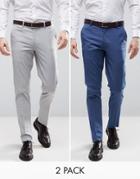 Asos 2 Pack Skinny Smart Pants In Pale Blue And Pale Gray Save - Multi
