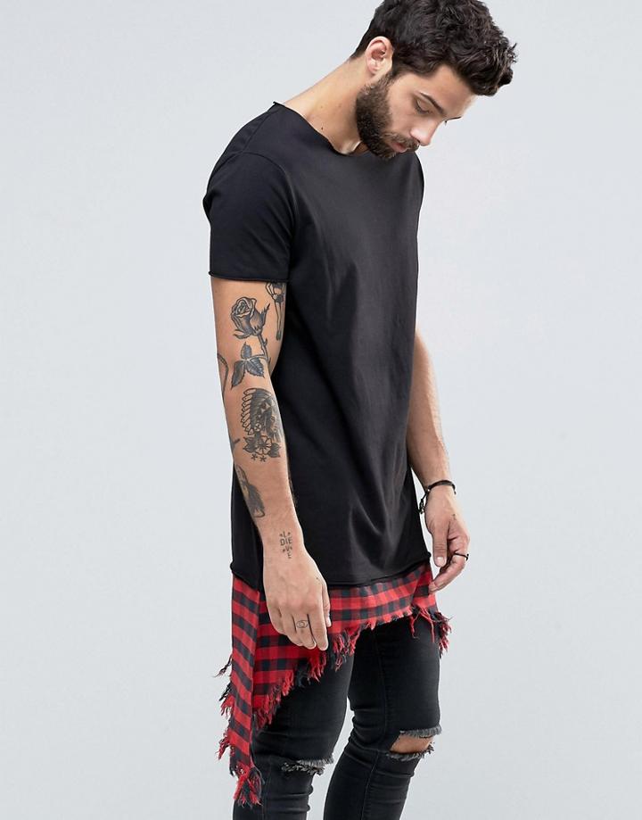 Asos Extreme Longline T-shirt With Shredded Check Hem Extender In Black - Black