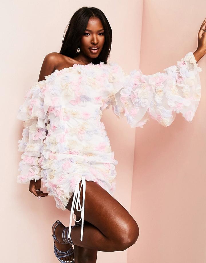 Asos Luxe Off-shoulder Tiered 3d Floral Mini Dress In Multi