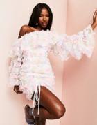 Asos Luxe Off-shoulder Tiered 3d Floral Mini Dress In Multi
