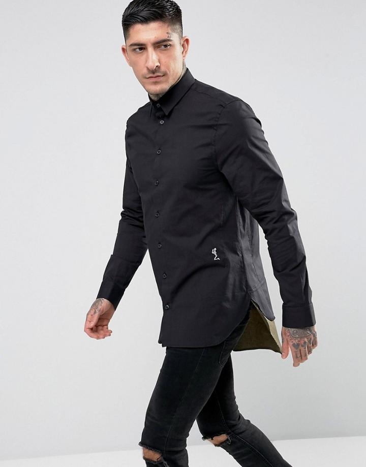 Religion Longline Skinny Smart Shirt With Contrast Hem - Black