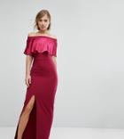Silver Bloom Satin Contrast Bardot Maxi Dress - Red