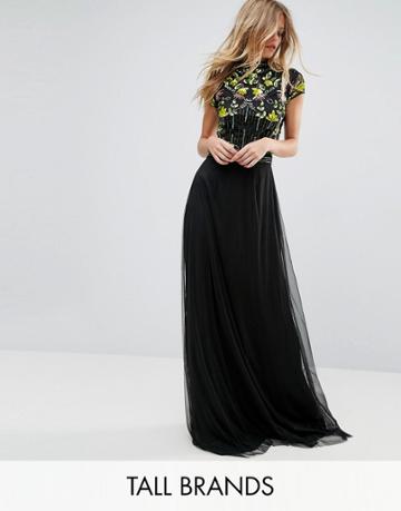Frock And Frill Tall Embellished Top Maxi Dress With Mandarin Collar Detail - Black
