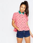 Lazy Oaf Short Sleeved Shirt With Frill Hem In Watermelon Print - Pink