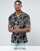 Asos Tall Regular Fit Viscose Shirt With Leaf Print And Revere Collar - Black