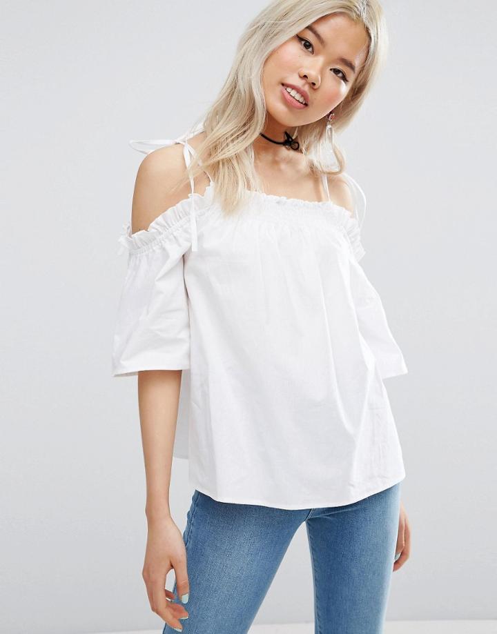 Asos Cold Shoulder Top In Cotton With Tie Shoulder - White