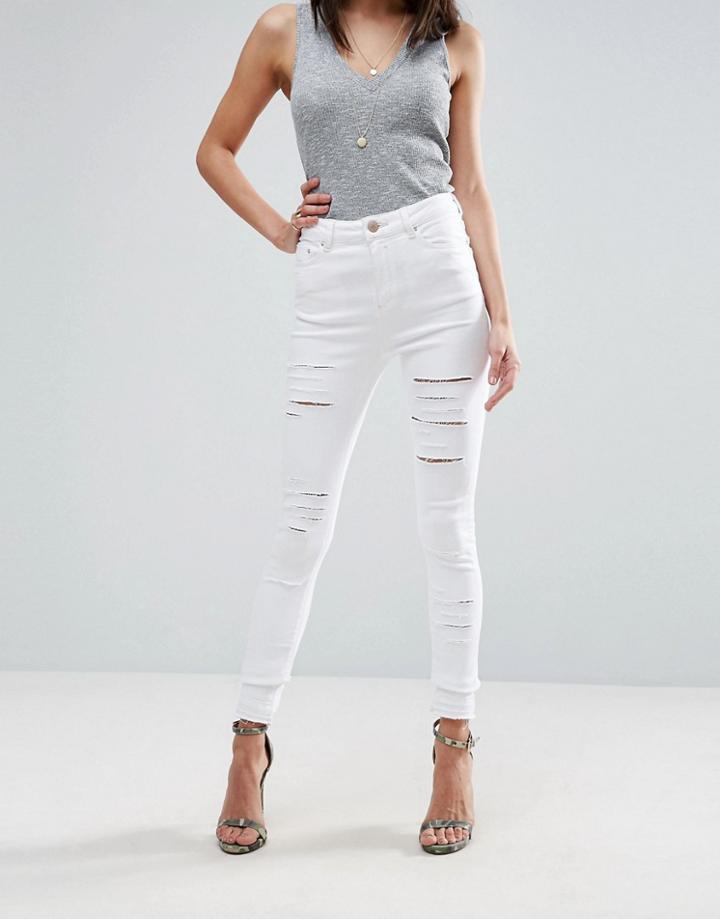 Asos Ridley Skinny Jeans In White With Shredded Rips With Let-down Hem - White