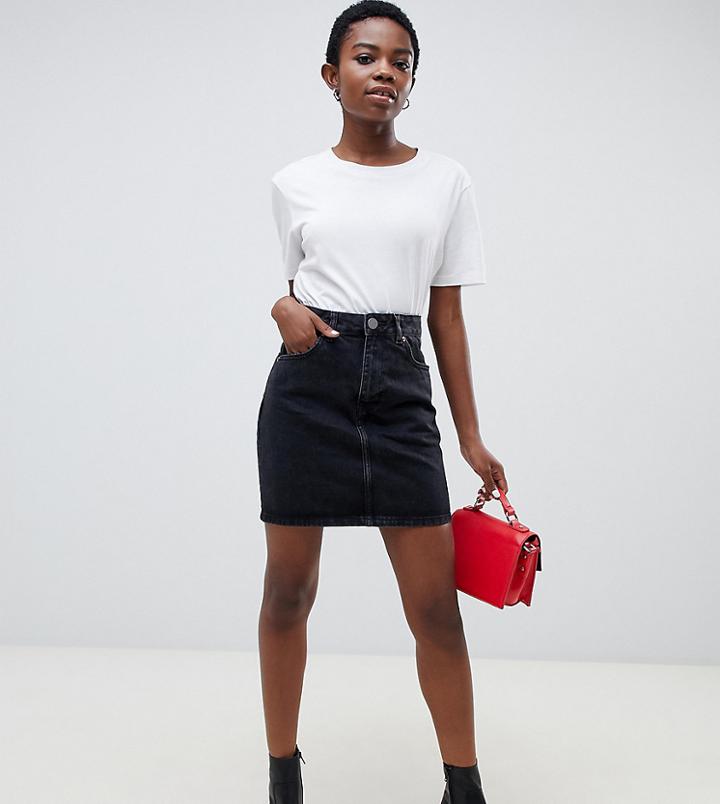 Asos Design Petite Denim Original High Waisted Skirt In Washed Black