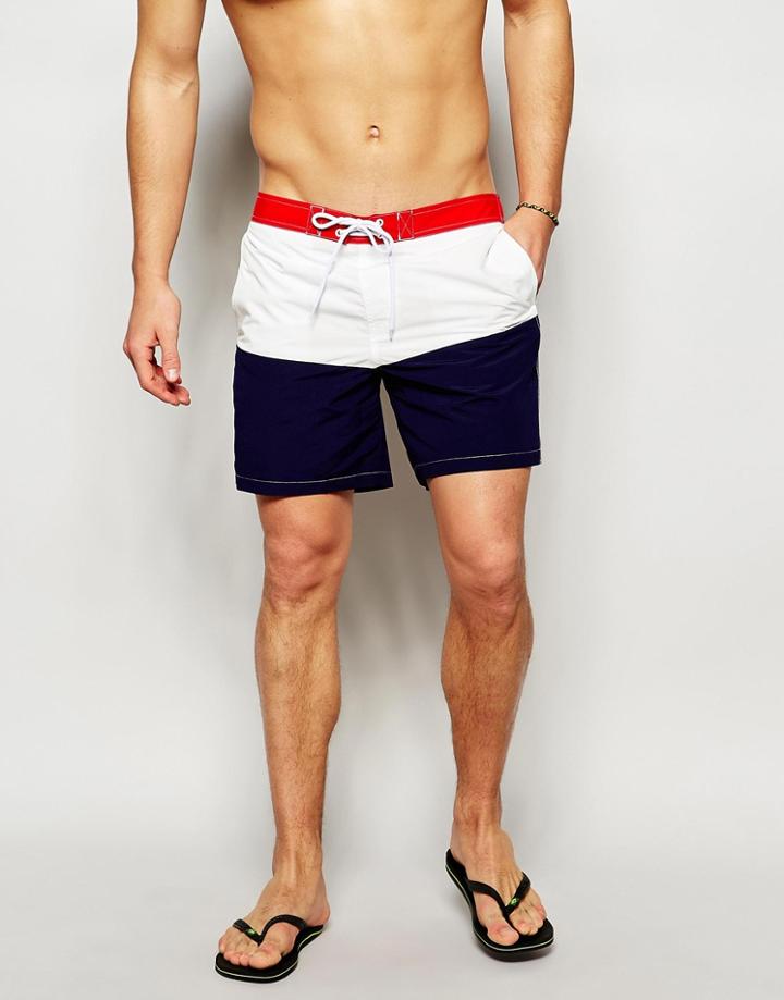 Asos Mid Length Swim Shorts With Front Fixed Waistband And Printed Pocket - Multi
