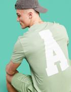 Asos Actual T-shirt In Green With Large Back Varsity Logo Print