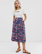 Monki Floral Print Buttoned Midi Skirt In Blue - Blue