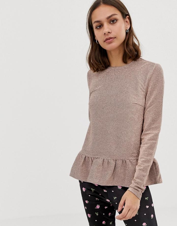 Pieces Kristin Metallic Peplum Blouse-pink