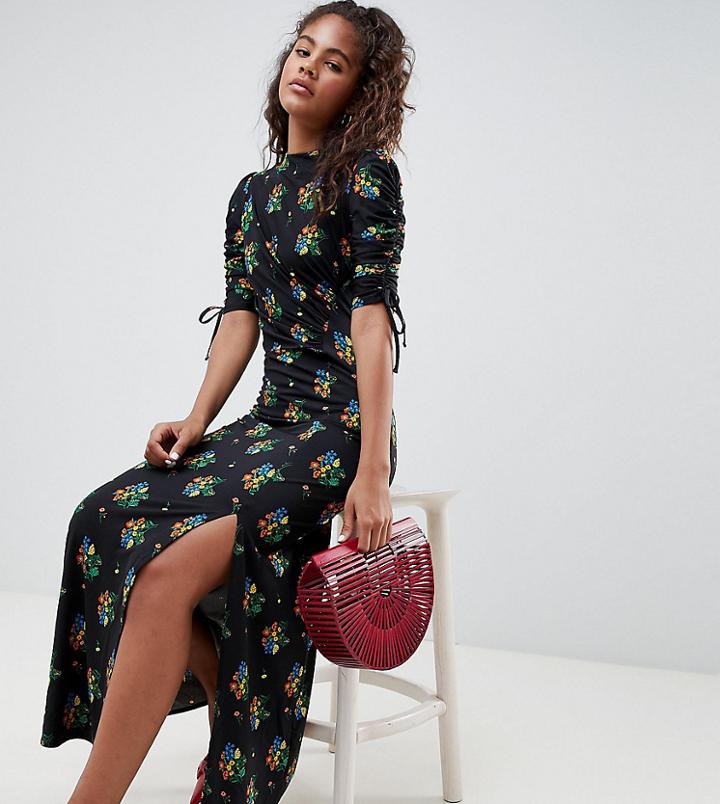 Asos Design Tall City Maxi Tea Dress With Split In Black Floral - Multi