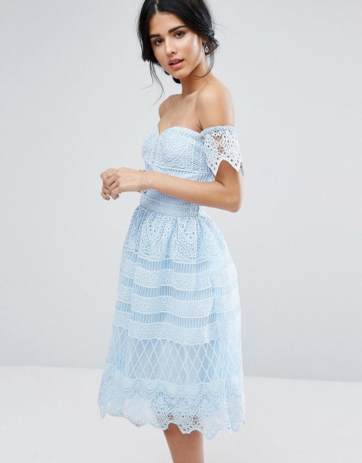 Chi Chi London Off Shoulder Midi Dress In Paneled Lace - Blue