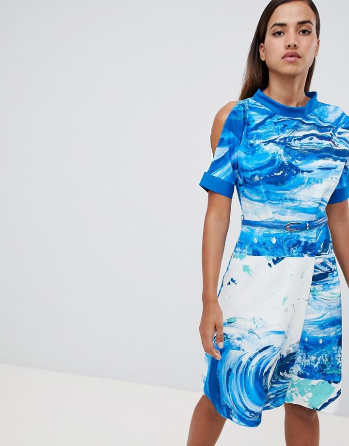 Closet London A Line Printed Dress-blue
