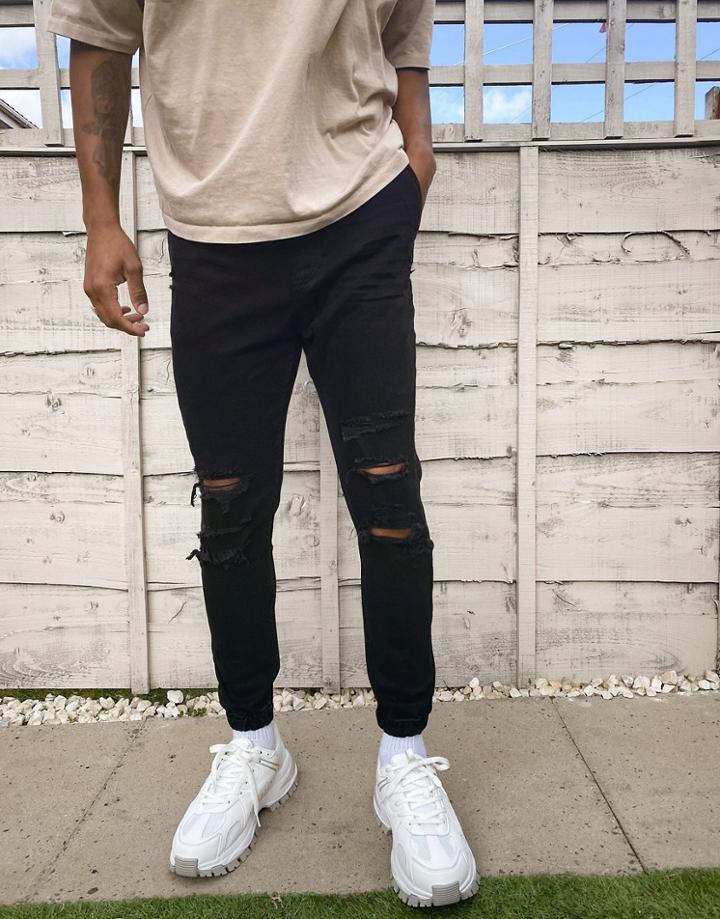Bershka Denim Sweatpants With Rips In Black