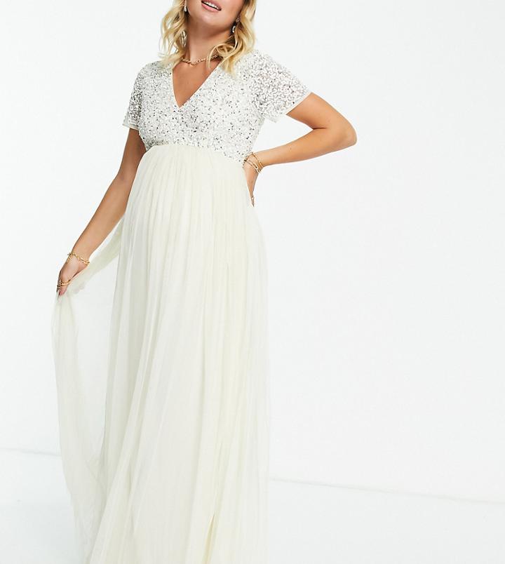 Maya Maternity Sequin Maxi Dress In Ecru-white