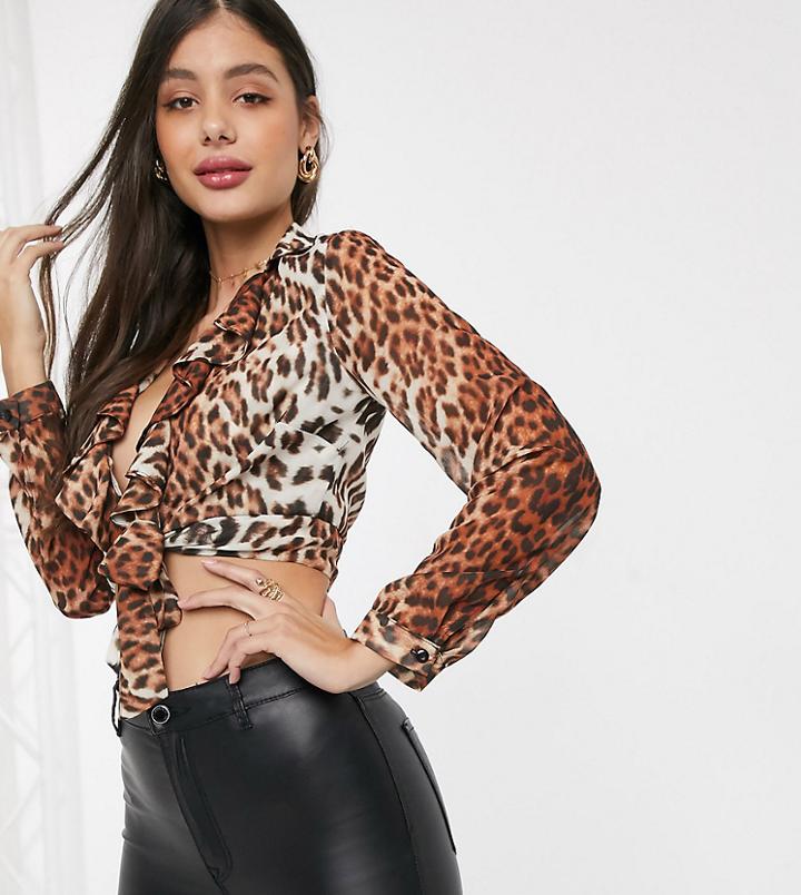 John Zack Tall Ruffle Top With Tie Front In Leopard-multi