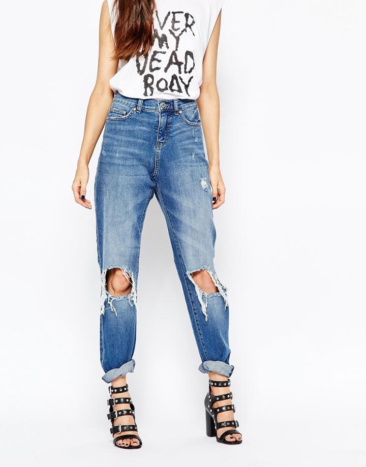 Cheap Monday Donna Slim Boyfriend Jeans With Ripped Knees - Blue