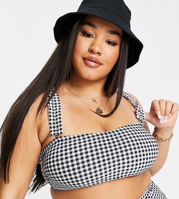 New Look Curve Ruffle Strap Bandeau Bikini Top In Gingham-multi
